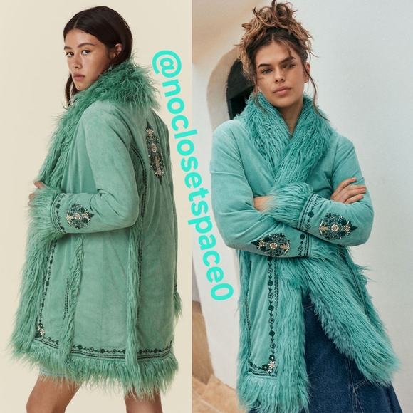 New Spell Designs Joplin Jacket Teal Penny Lane Trench Coat Faux Fur S Emerald - Picture 7 of 17